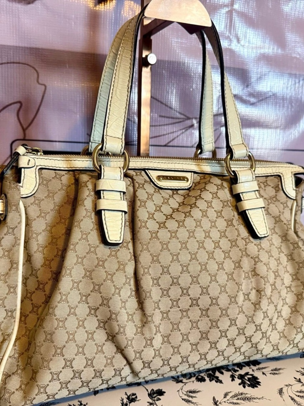 Celine Beige Monogram Tote with Metallic Cream Trim - Picture 3 of 5